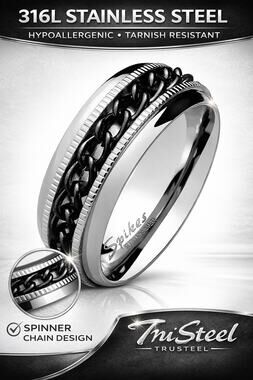 Black PVD Chain Center Spinner and Diacut Lined Stainless Steel Ring‎ Size 10
